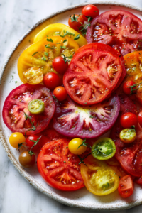 Arrange the sliced heirloom tomatoes and halved cherry tomatoes on a large serving platter