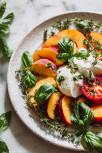 Scatter the fresh basil leaves and thyme over the top