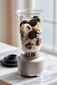 Add the Oreo cookies, vanilla ice cream