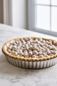 Line the chilled crust with parchment paper and pie weights