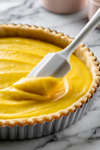 Pour the warm curd into the cooled tart shell and spread evenly
