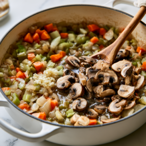 Stir in the garlic and sliced mushrooms.