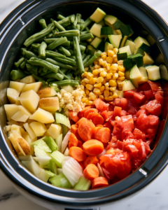Add the onion, carrots, celery, potatoes, green beans