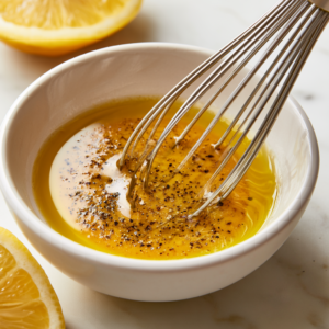 Whisk together the olive oil, maple syrup, Dijon mustard