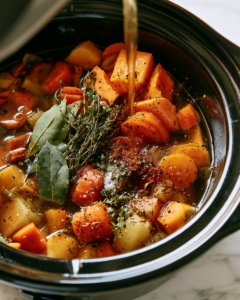 Add the onion, carrots, celery, potatoes, green beans