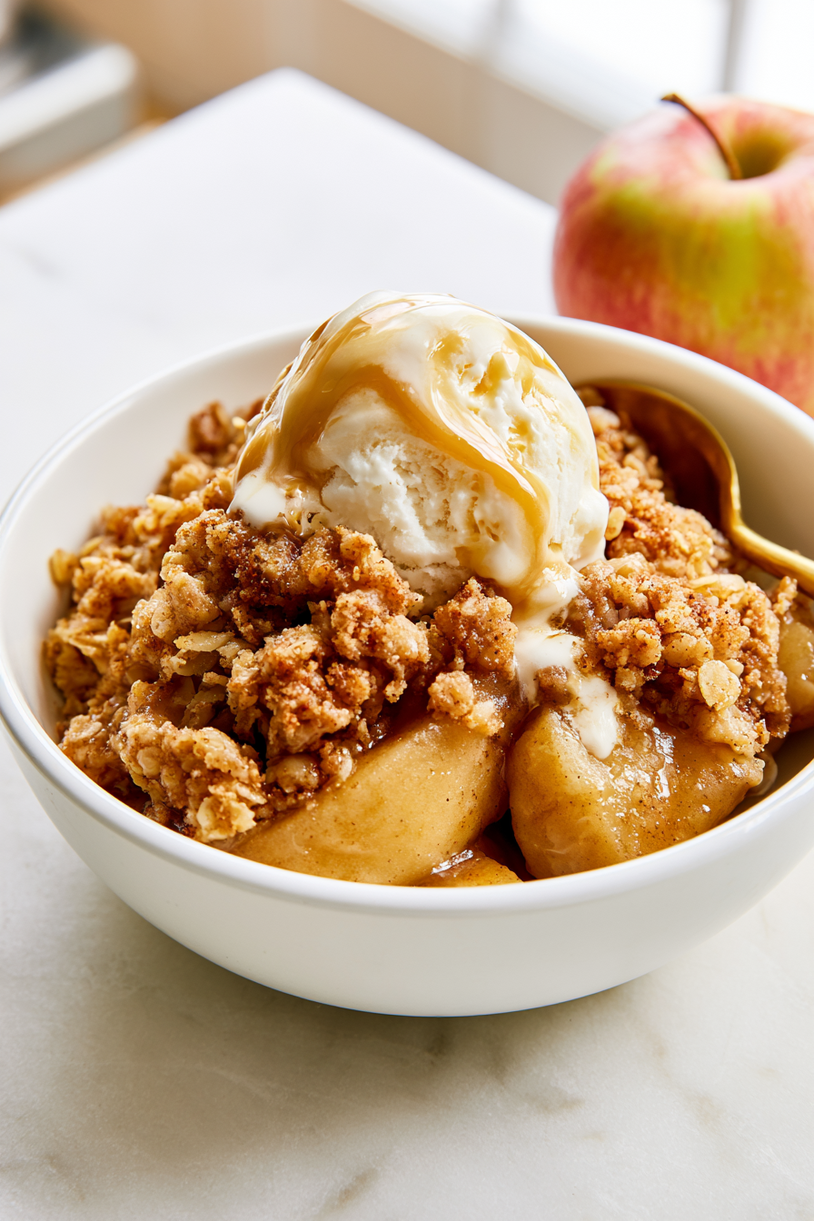 Scoop warm apple crumble into bowls and top each serving with a generous scoop of vanilla ice cream. Drizzle with caramel sauce if desired.