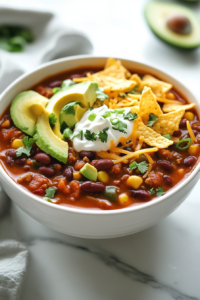 Ladle the chili into bowls and finish with your favorite toppings
